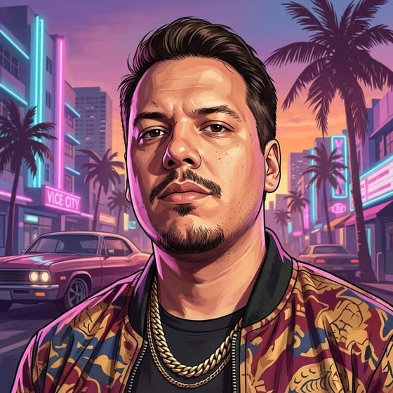 Ilustração de Otávio Marques em estilo de arte de GTA, com Vice City ao fundo