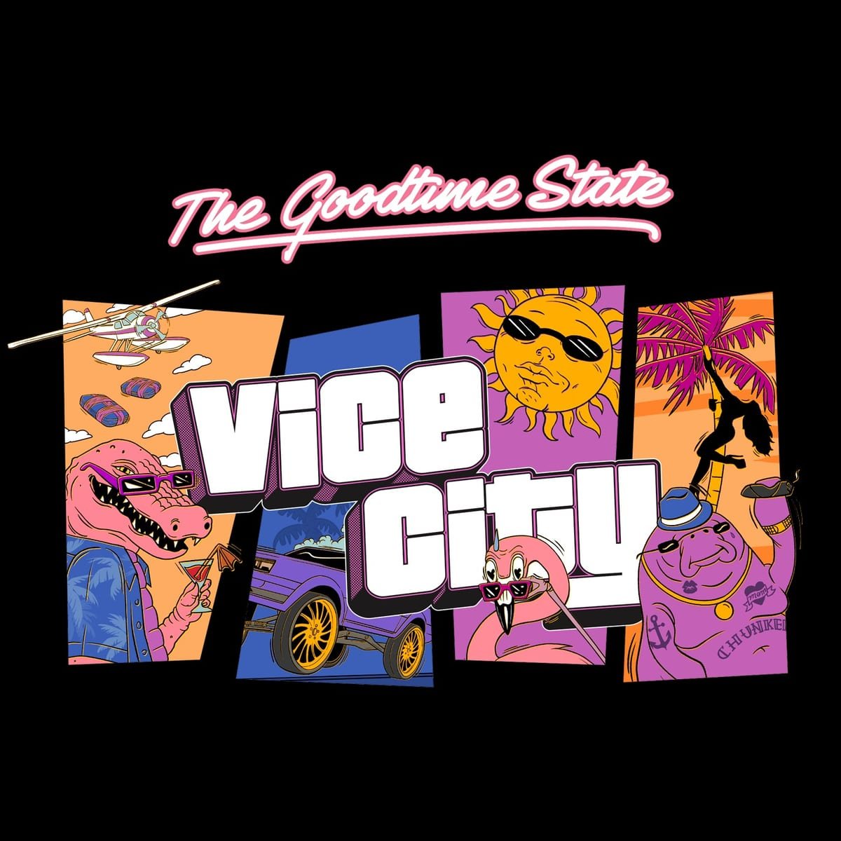 Arte The Goodtime State, com Macca o Jacaré, o flamingo e o Chunkee, o Peixe-Boi
