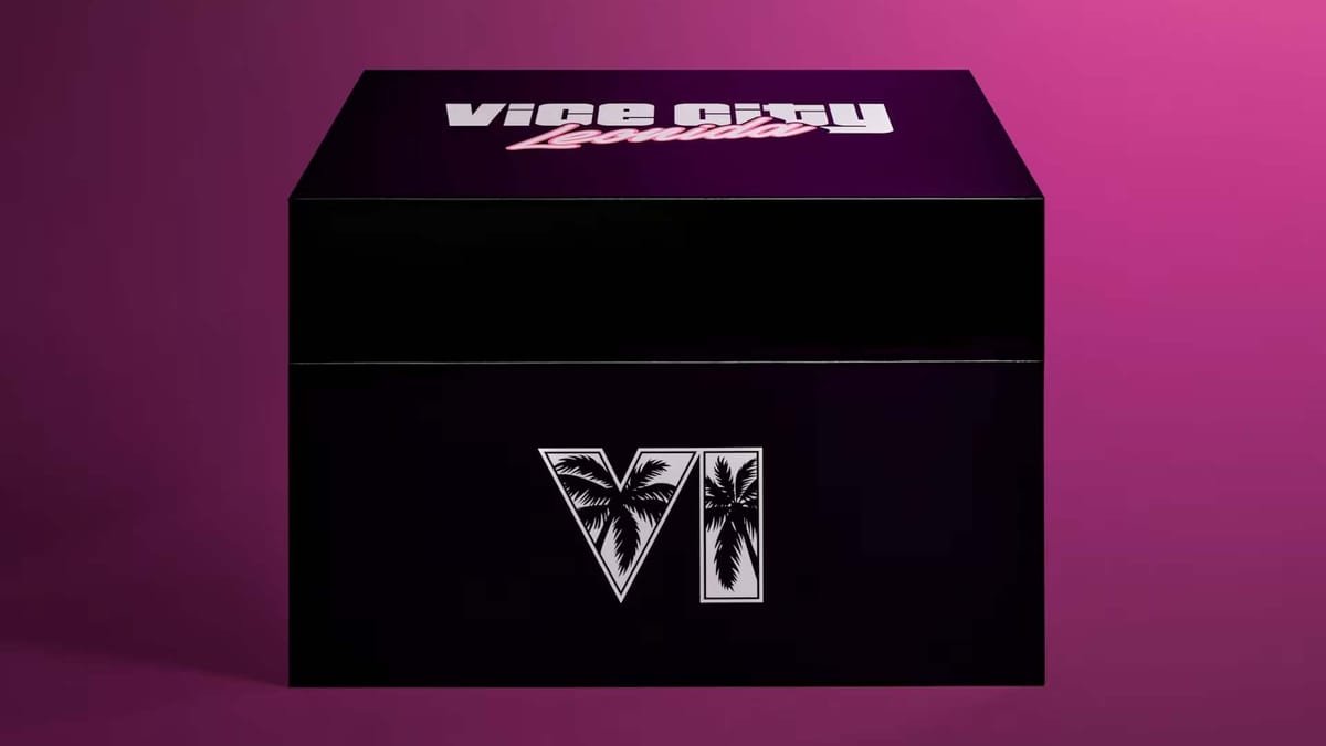 Caixa preta de colecionador de GTA 6, com a marca Vice City Leonida na tampa, sobre fundo roxo