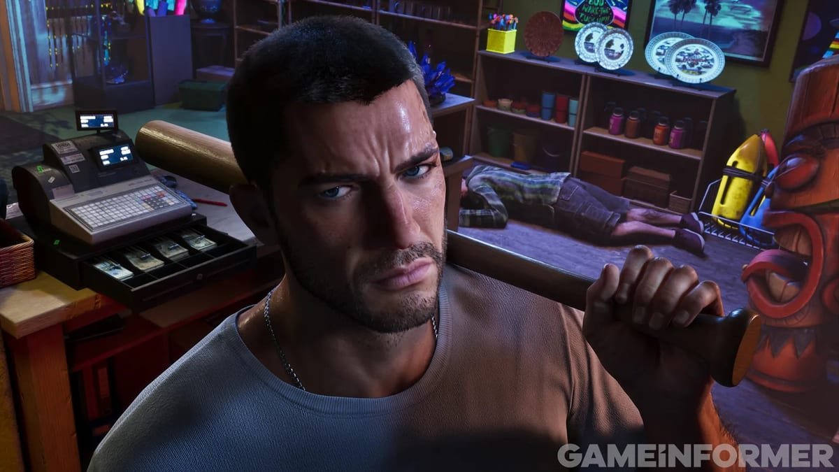 Jason assaltando uma loja de conveniência, com espingarda em punho diante do caixa