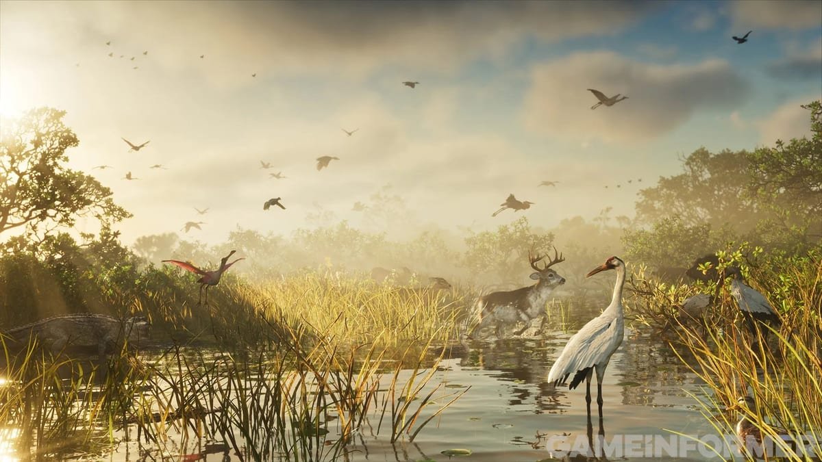 Pântano de Leonida na névoa, com cervos na margem, garças e aves em voo