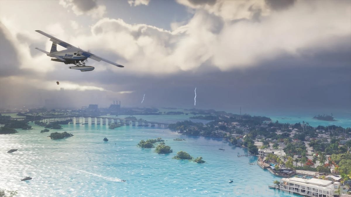 Hidroavião sobre o litoral de Leonida, com nuvens carregadas e raios caindo ao fundo