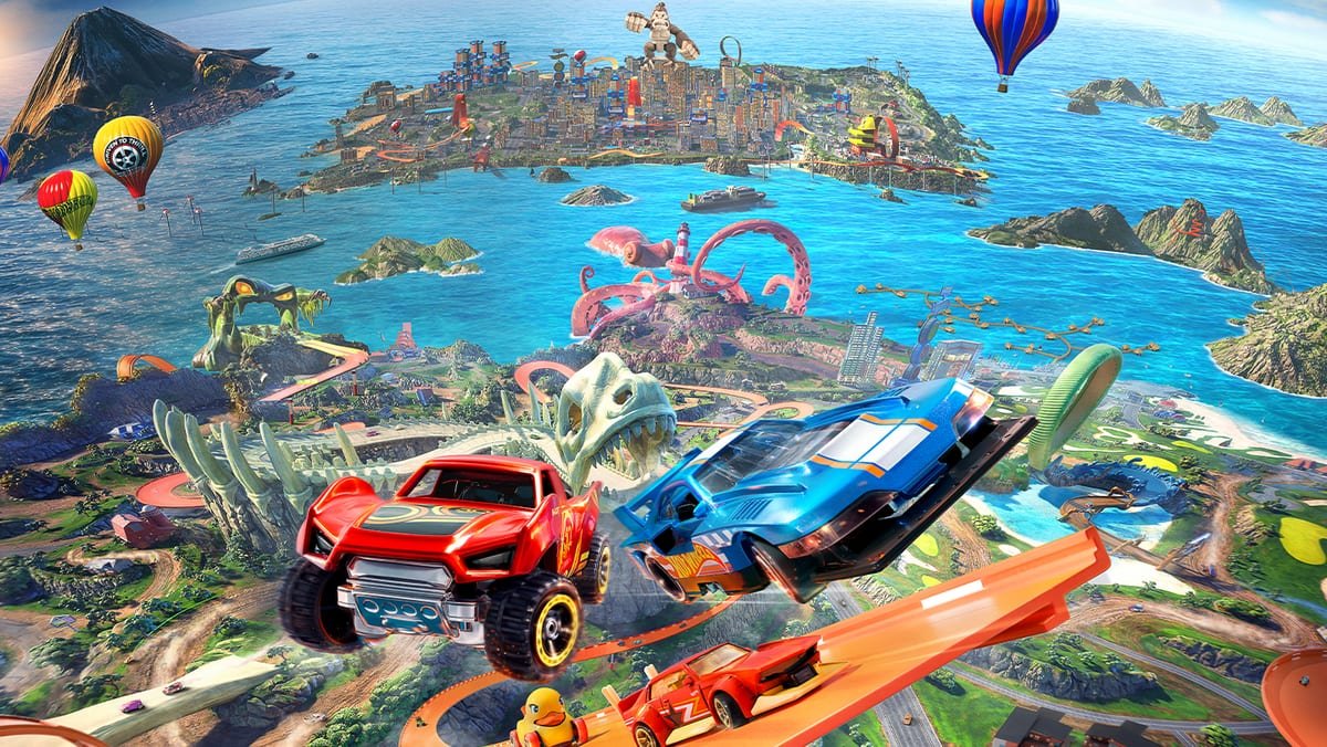 Ilha de Hot Wheels Infinite Rush vista do alto, com pistas laranja e carros saltando sobre o mar