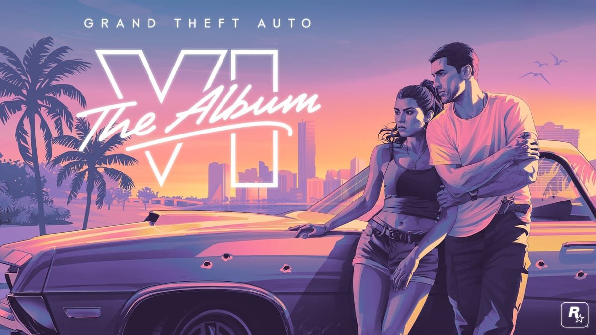 Capa oficial de GTA VI The Album, com Jason e Lucia ao lado de um carro em Vice City