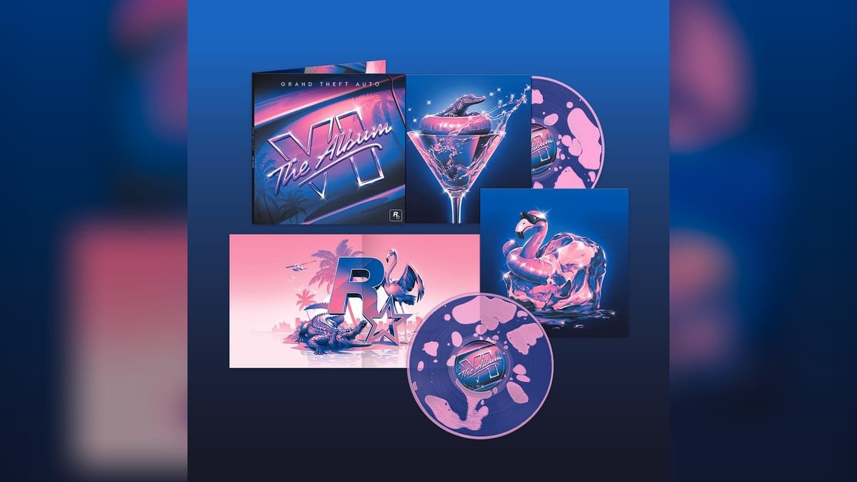 Edições em vinil e CD de GTA VI The Album, com discos coloridos, encarte e capas alternativas