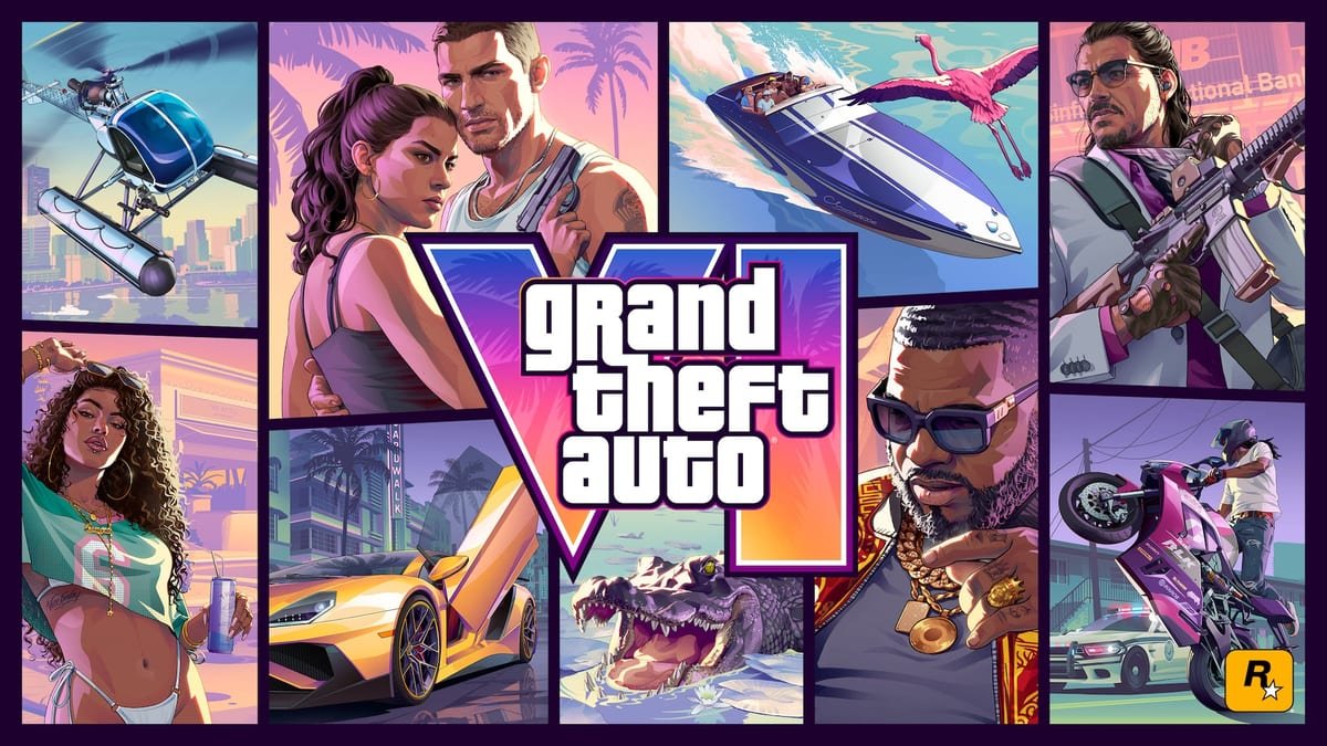 Arte oficial de GTA 6, em mosaico, com Jason, Lucia e cenas de Leonida