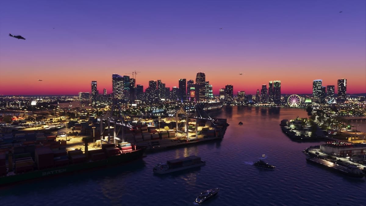Vista aérea do porto de Vice City ao anoitecer, com os prédios iluminados ao fundo