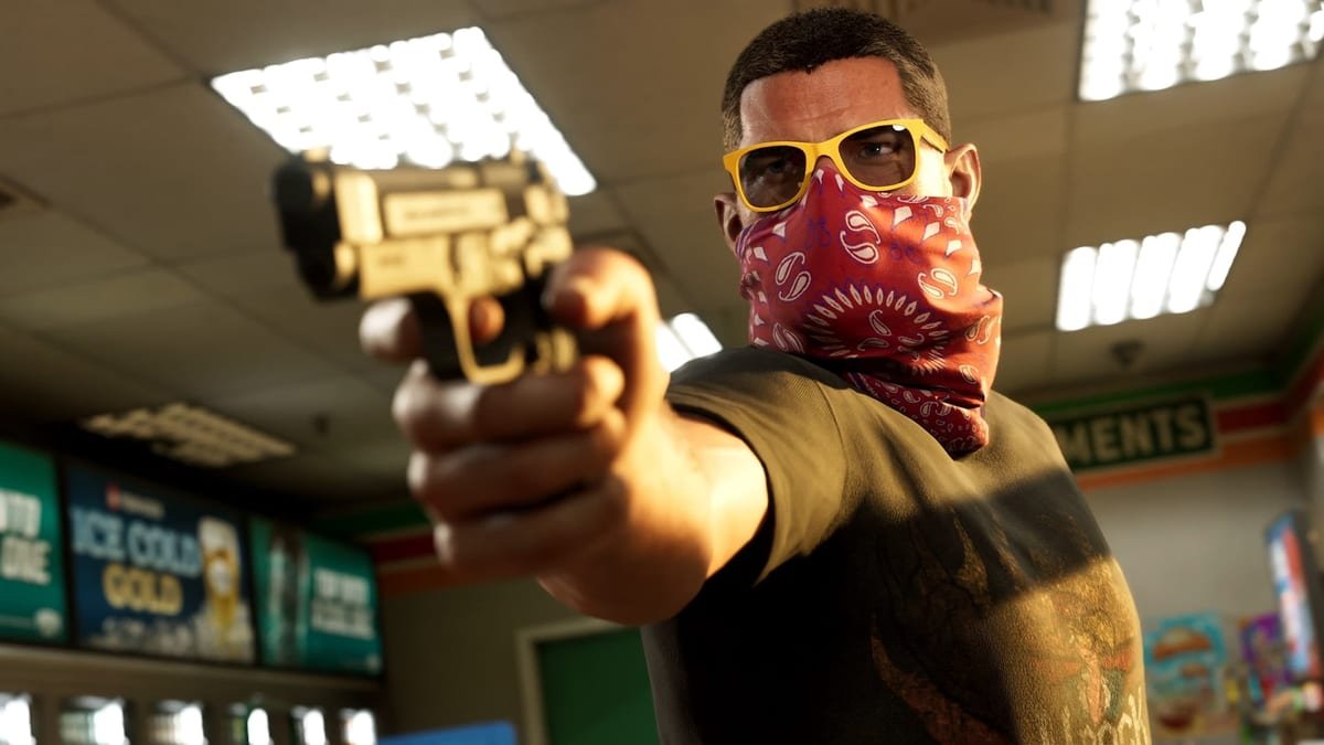 Jason apontando uma pistola dourada dentro de uma loja de conveniência