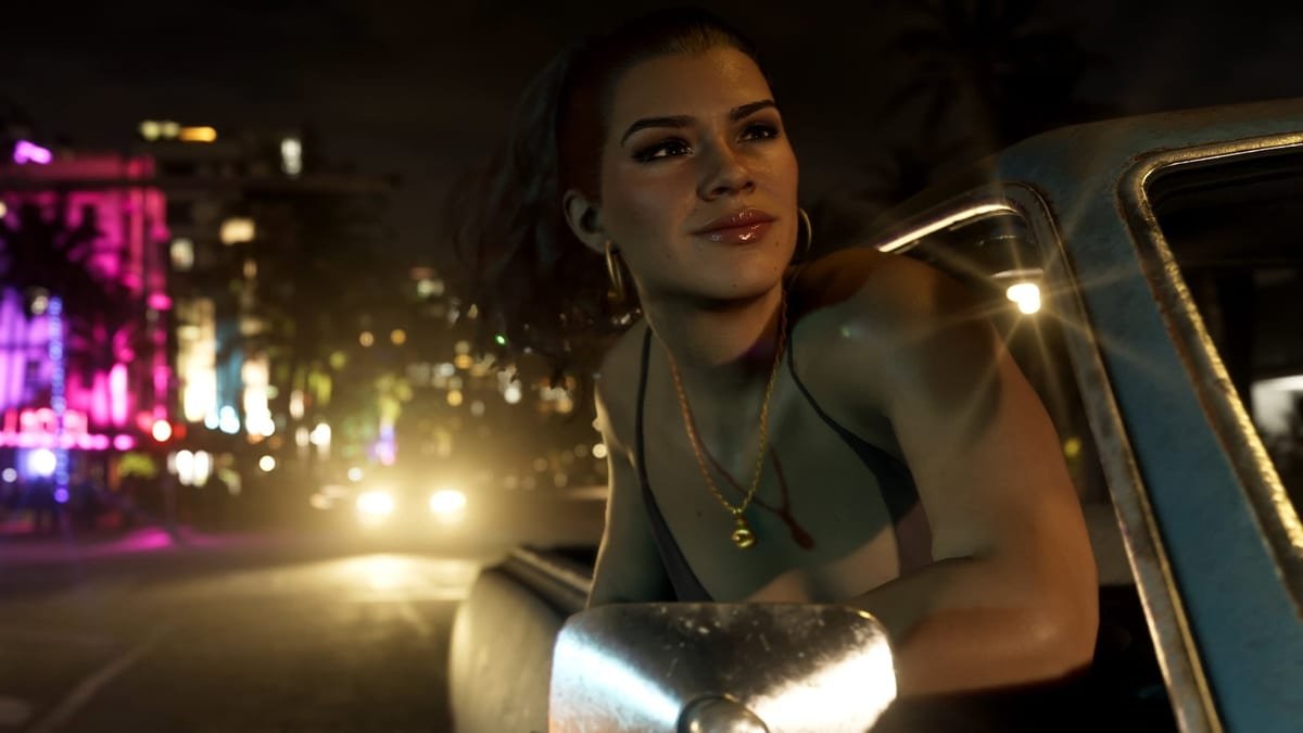 Lucia Caminos em cena de GTA 6, com Vice City ao fundo