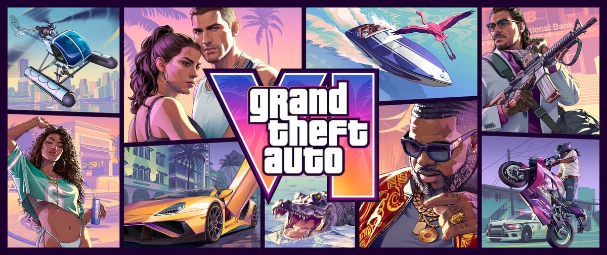 Arte promocional de GTA 6 em tons de rosa e roxo