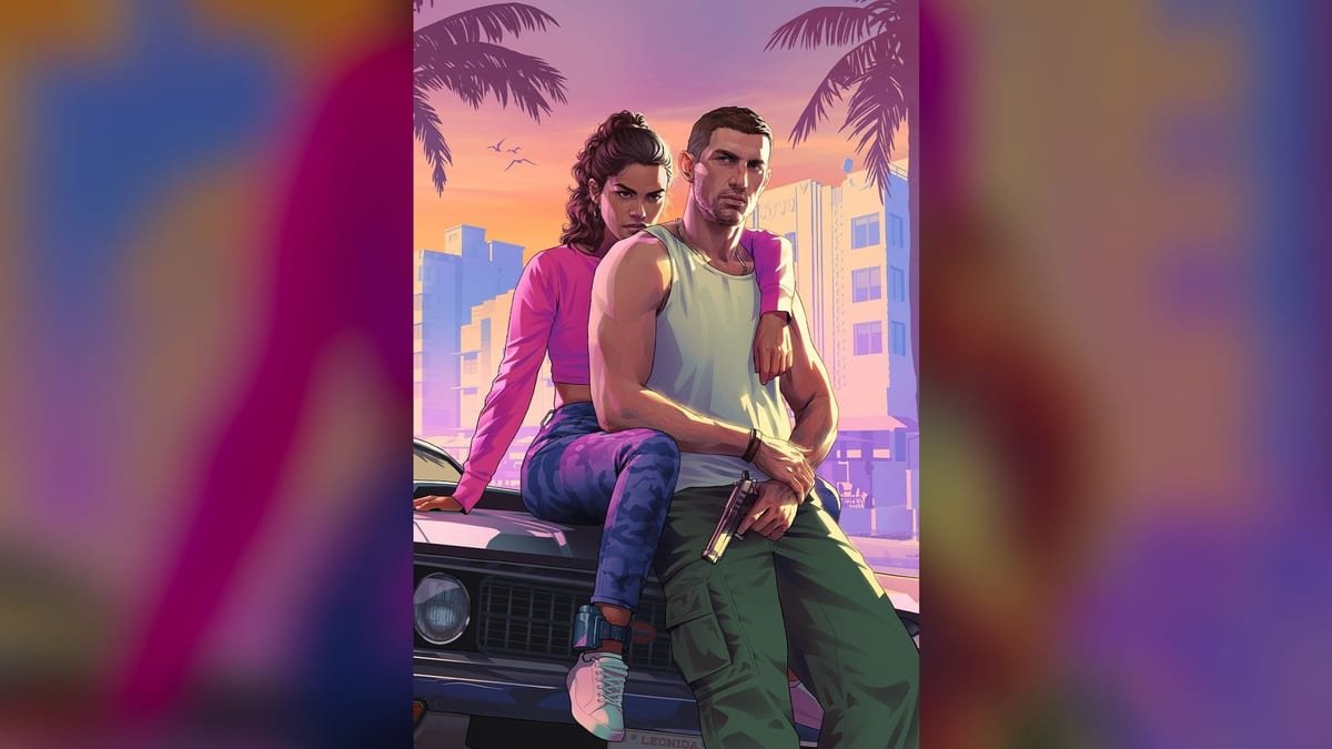 Arte oficial do primeiro trailer de GTA 6, com Lucia sentada no capô de um carro e Jason encostado ao lado, em Vice City
