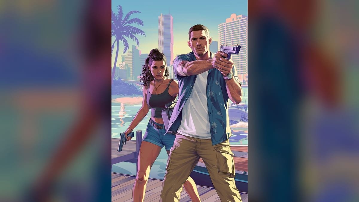 Arte oficial do segundo trailer de GTA 6, com Jason à frente e Lucia atrás, ambos armados, em um píer de Vice City