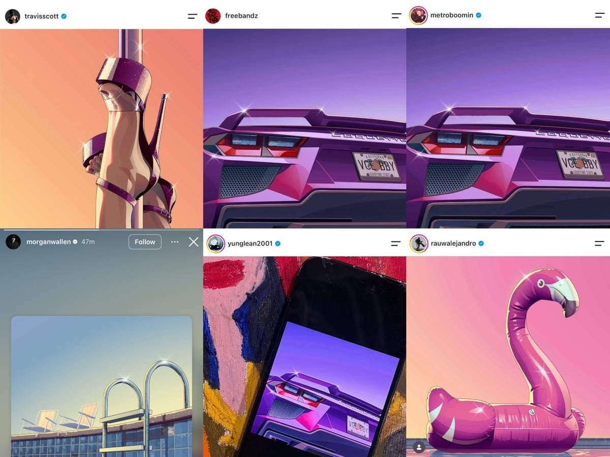Mosaico com as publicações de Travis Scott, Future, Metro Boomin, Morgan Wallen, Yung Lean e Rauw Alejandro mostrando recortes da arte de GTA 6
