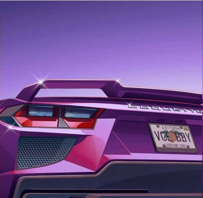 Traseira de um carro esportivo roxo com a placa VCE BBY, do estado de Leonida
