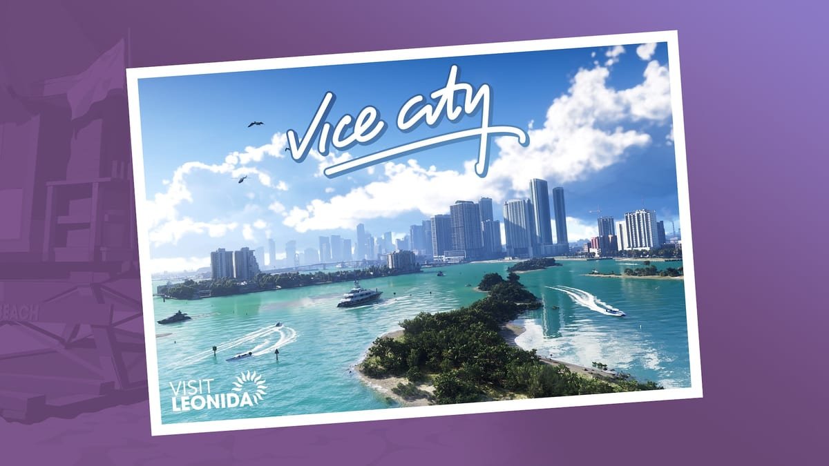 Praia de Vice City com prédios ao fundo, em estilo de cartão-postal