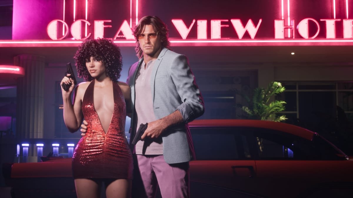 Cena noturna de Vice City com carro clássico estacionado