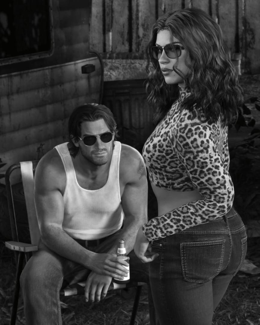 Retrato em preto e branco de Jason sentado em uma cadeira, com Lucia em pé ao lado, de óculos escuros