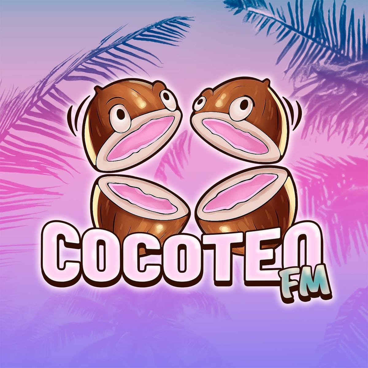 Arte da Cocoteo FM, com dois cocos estilizados e o nome da estação