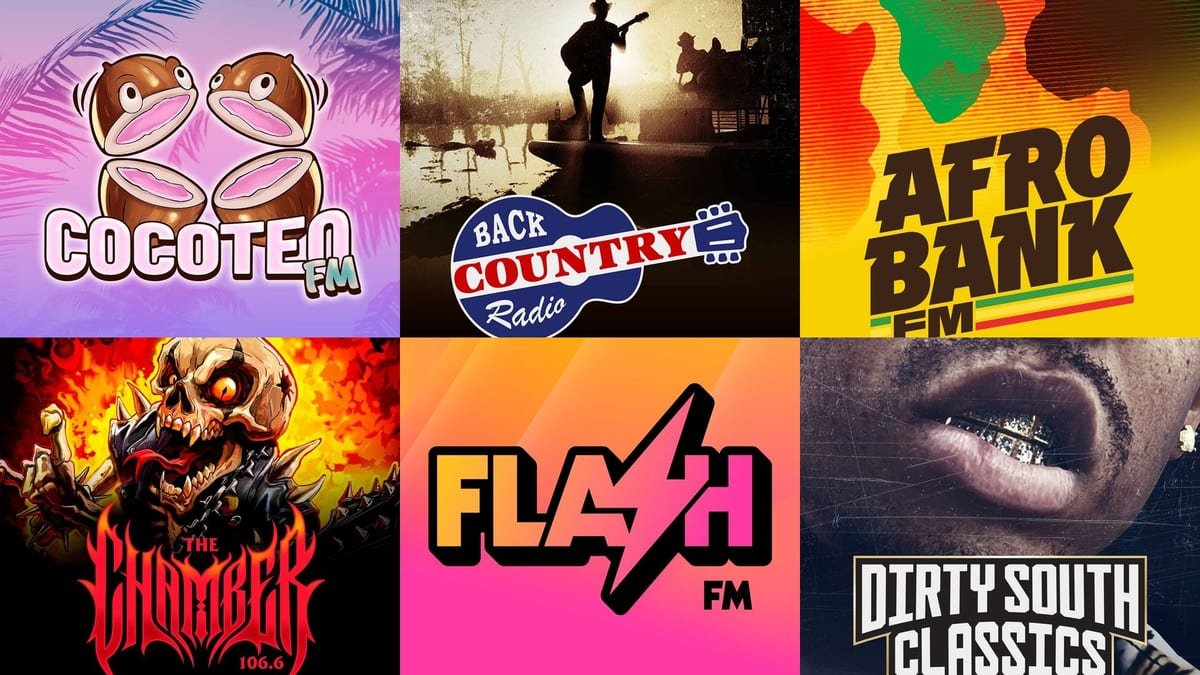 Mosaico com as artes das seis estações de rádio de GTA 6: Cocoteo FM, Back Country, AfroBank FM, The Chamber, Flash FM e Dirty South Classics